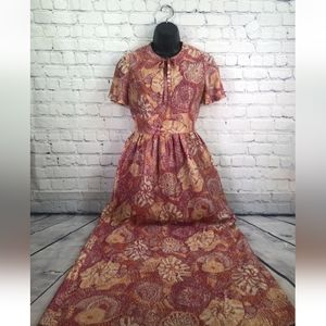 Vintage 1960's Short Sleeve Burgundy and Gold Maxi Dress, Size Small/Medium